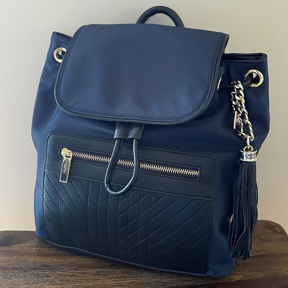 Karl Lagerfeld Paris Tassle Nylon & Leather Backpack Navy/Black